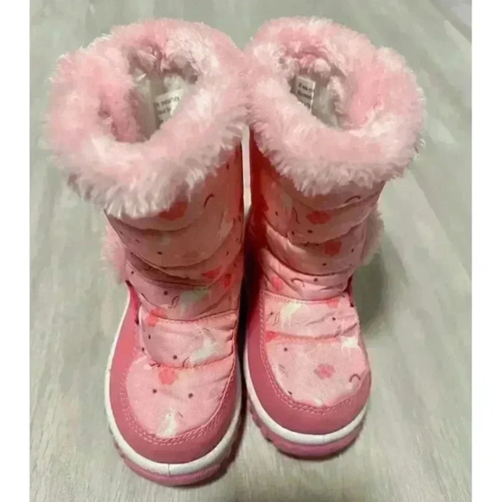 Kids Pink Unicorn Snow Boots Warm Winter Fur Lined Size 23- 7 Toddler Girls